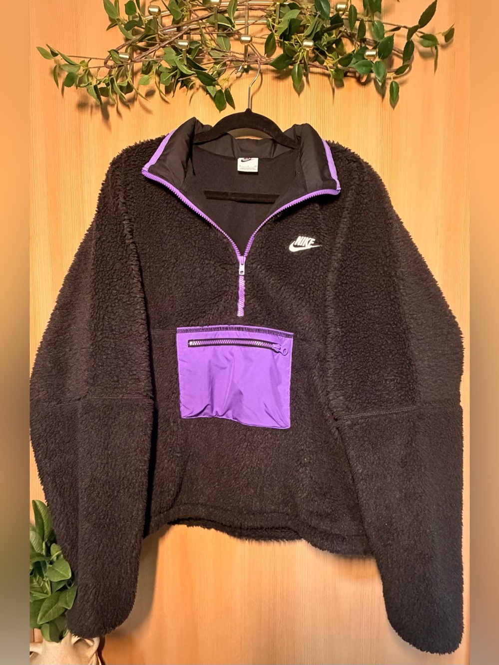 Nike Black Sherpa Half-Zip Pullover with Purple Pocket